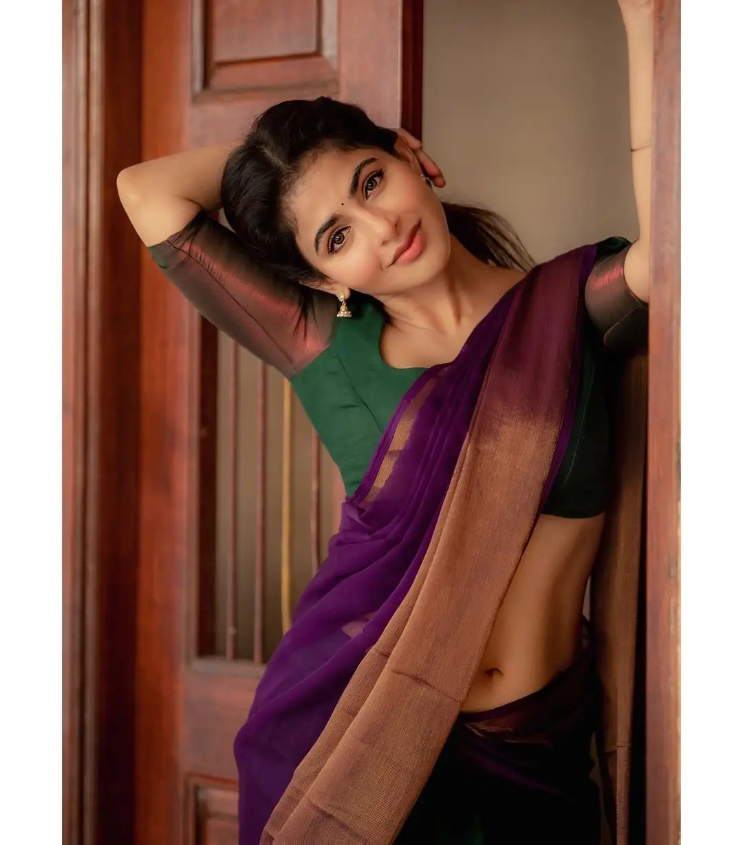 Indian Girl Iswarya Menon In Traditional Violet Saree Green Blouse